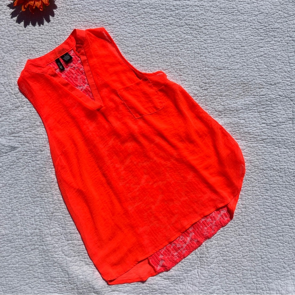 Ultra Flirt Fluorescent Coral Lace Back Sleeveless Tunic Top Blouse; L